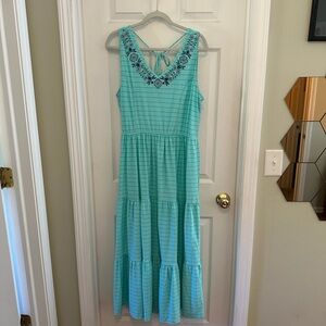 Teal Sleeveless Maxi Dress with Embroidered Neckline